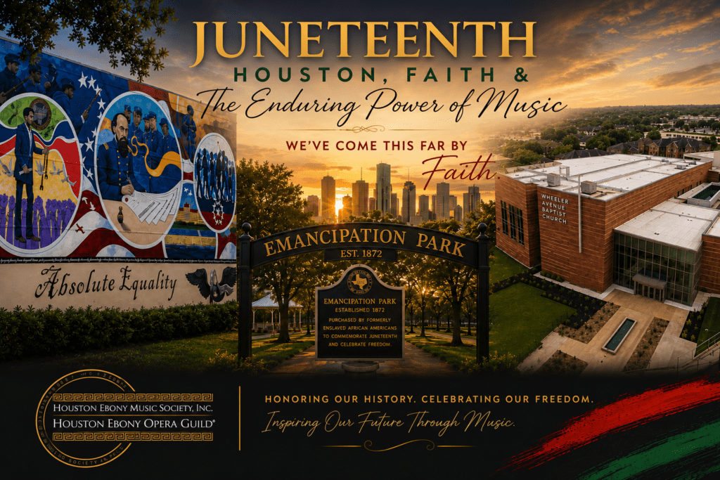 Juneteenth Houston celebration featuring Emancipation Park, Wheeler Avenue Baptist Church, and Galveston's Absolute Equality mural.